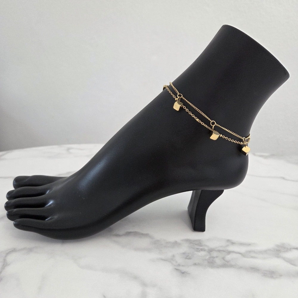 Dainty Gold Cube Charm Anklet Layered Double Strand Foot Bracelet Boho Beach - Picture 4 of 11